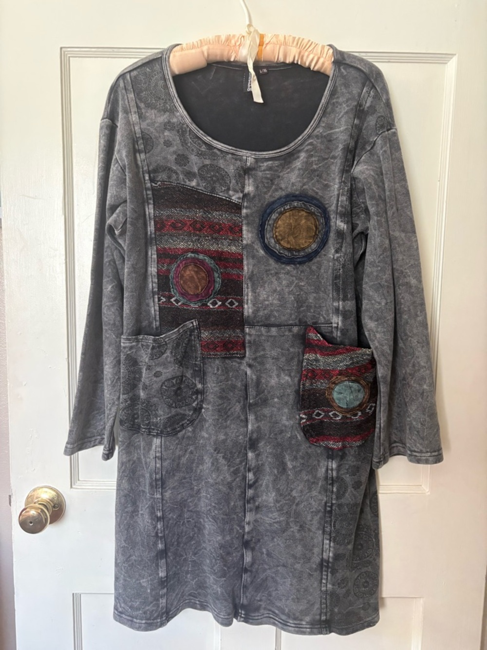 Sacred Threads Grey Patchwork Long-Sleeve Tunic Dress